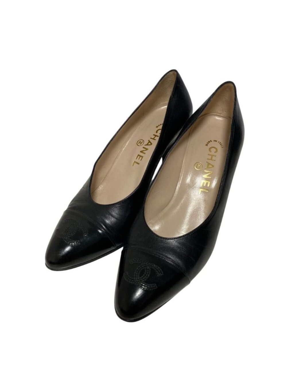 Chanel Vintage CC Logo Leather Almond Toe Pumps Black Spring Summer Fall